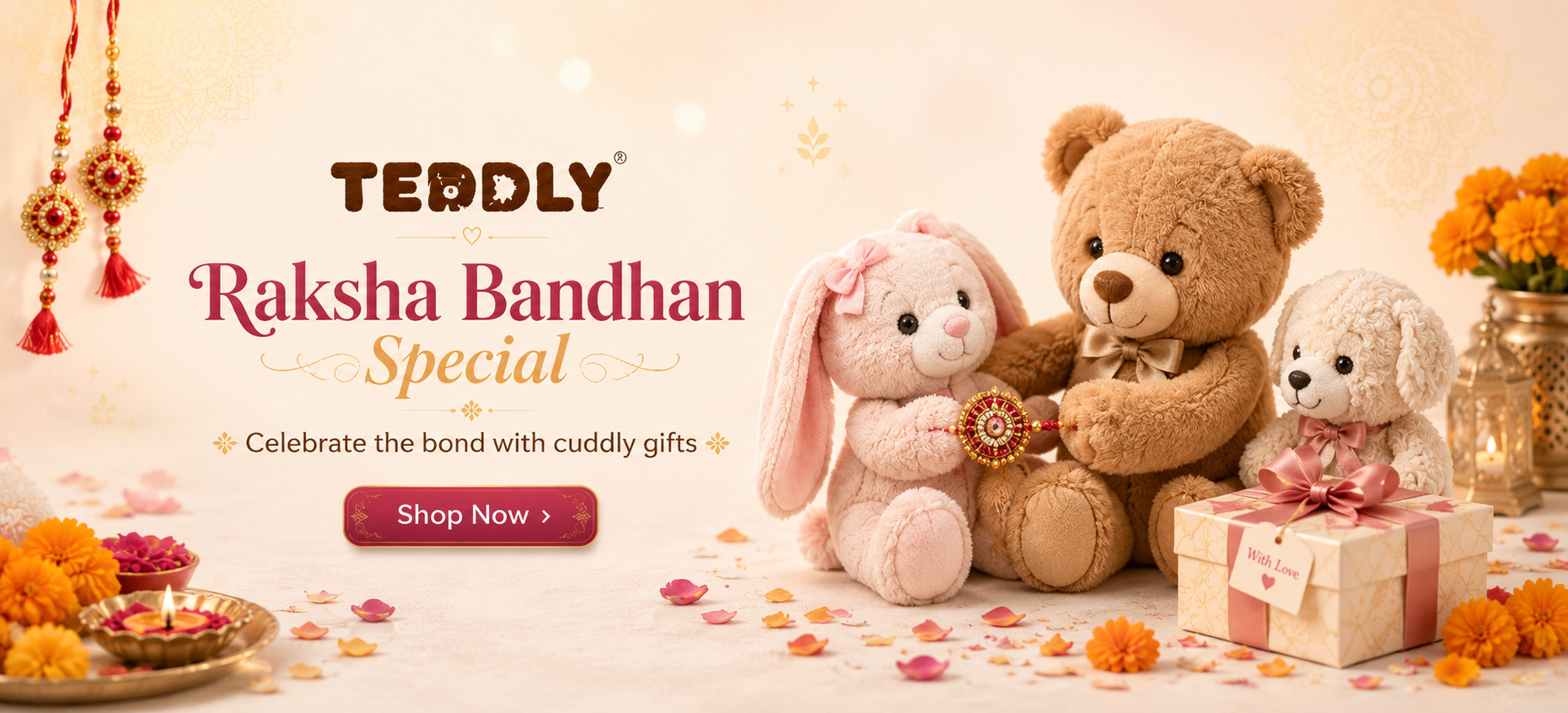 An open Raksha Bandhan gift box with a rakhi, roli-tikka, chocolates and a greeting card